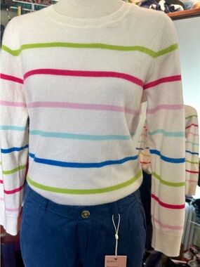 100% Cashmere Cynthia Rowley White Crewneck Sweater with Multi-Color Stripes